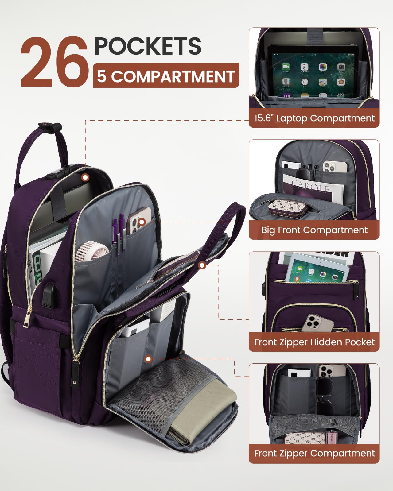 Foto 4 pulgar | Mochila Lovevook Para Portátil De 15,6 Pulgadas, De Nailon, Color Morado Oscuro, Impermeable - Venta Internacional.