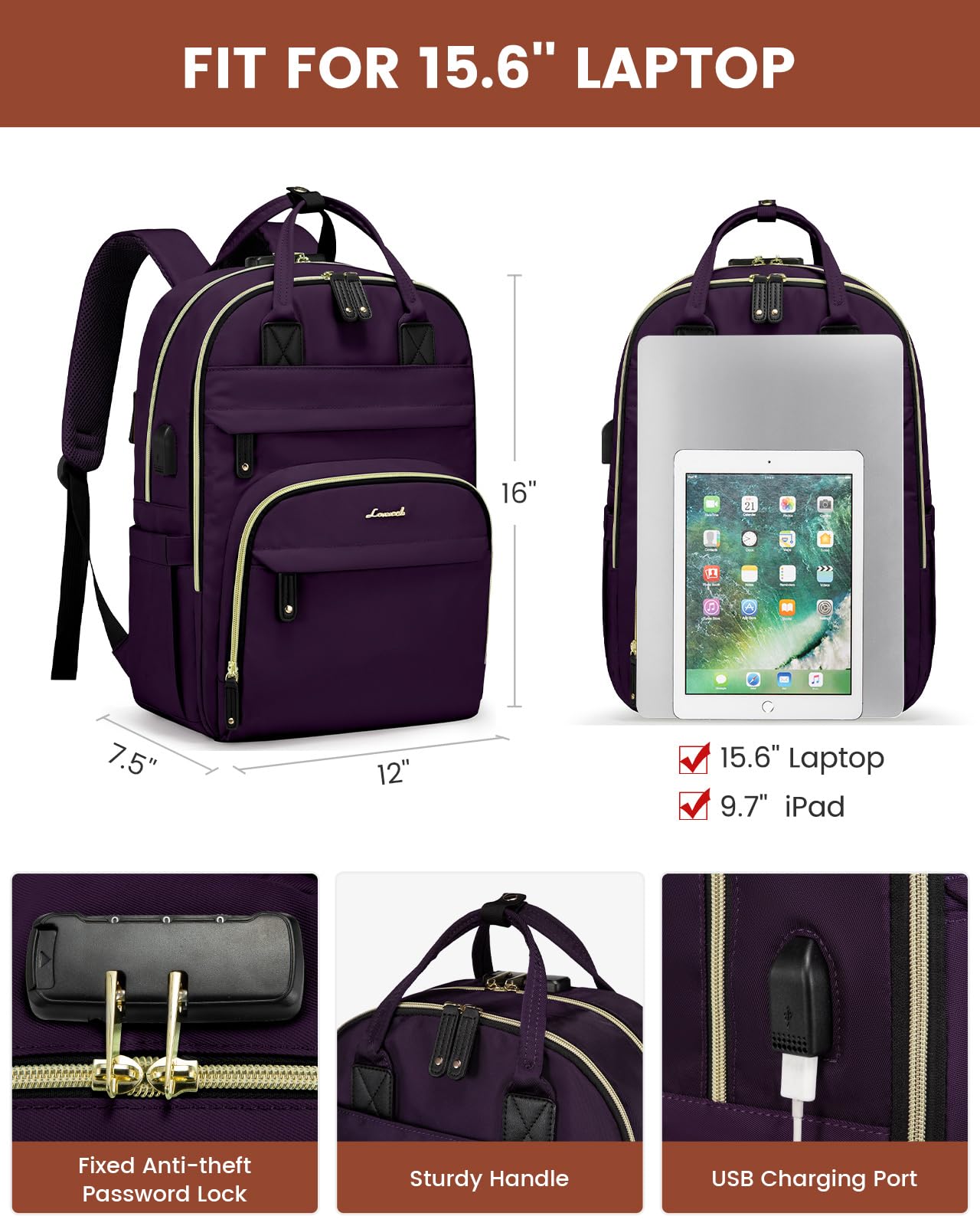Foto 5 | Mochila Lovevook Para Portátil De 15,6 Pulgadas, De Nailon, Color Morado Oscuro, Impermeable - Venta Internacional.
