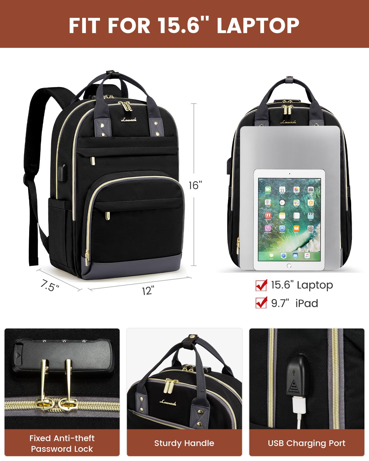Foto 5 | Mochila Para Portátil Lovevook Para Mujer/hombre De 15.6 Pulgadas, Negro Y Gris - Venta Internacional.