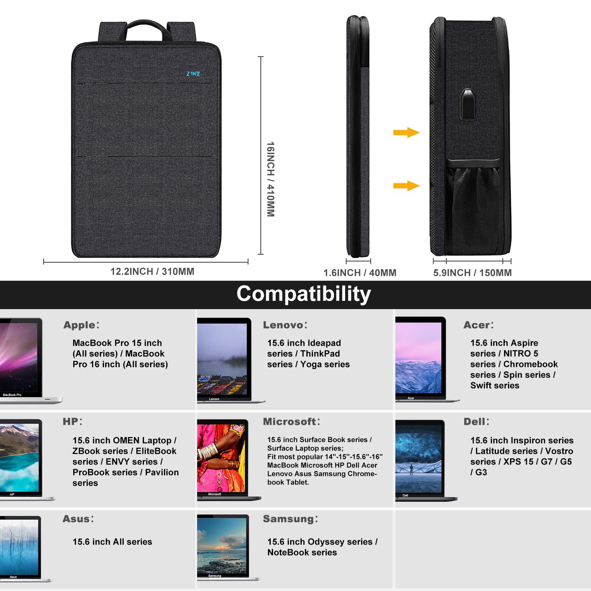 Foto 2 | Mochila Para Portátil Zinz Delgada Y Ampliable De 15 A 16 Pulgadas Con Puerto Usb - Venta Internacional.