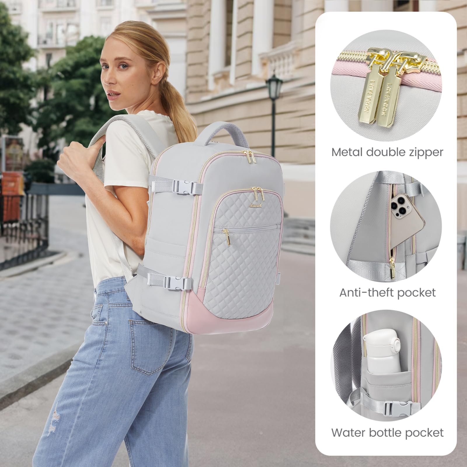 Foto 5 | Mochila De Viaje Lovevook Para Mujer Portátil De 17 3'' Gris-rosa - Venta Internacional.