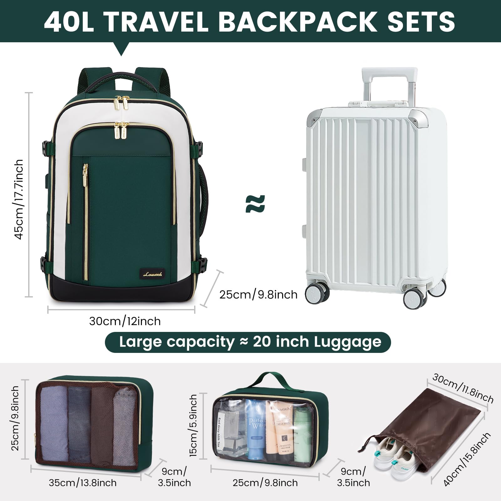Foto 3 pulgar | Mochila De Viaje Lovevook De 40 Litros Con 3 Cubos De Embalaje  Verde Y Beige - Venta Internacional.