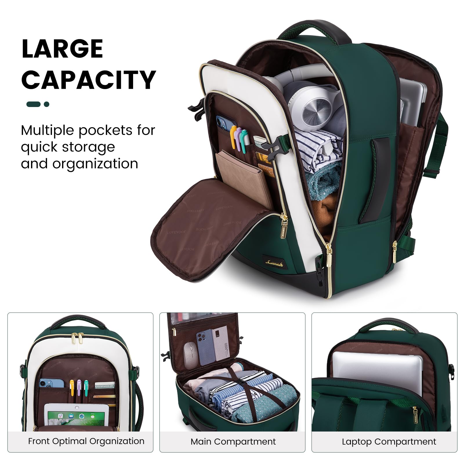 Foto 4 pulgar | Mochila De Viaje Lovevook De 40 Litros Con 3 Cubos De Embalaje  Verde Y Beige - Venta Internacional.