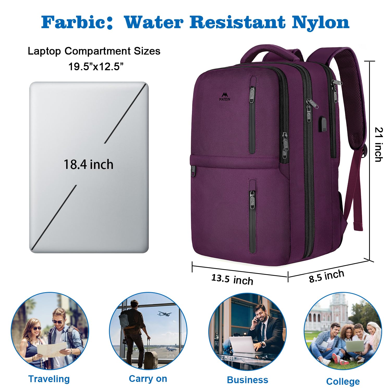Foto 2 | Mochila De Viaje Matein Large 45l Para Mujer Con Puerto Usb Morada - Venta Internacional.