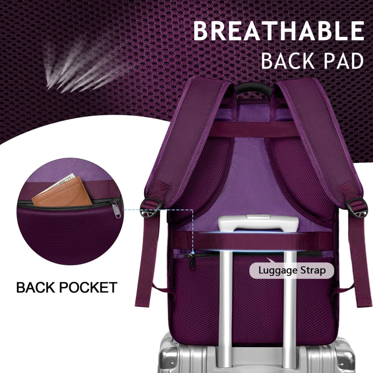 Foto 6 | Mochila De Viaje Matein Large 45l Para Mujer Con Puerto Usb Morada - Venta Internacional.
