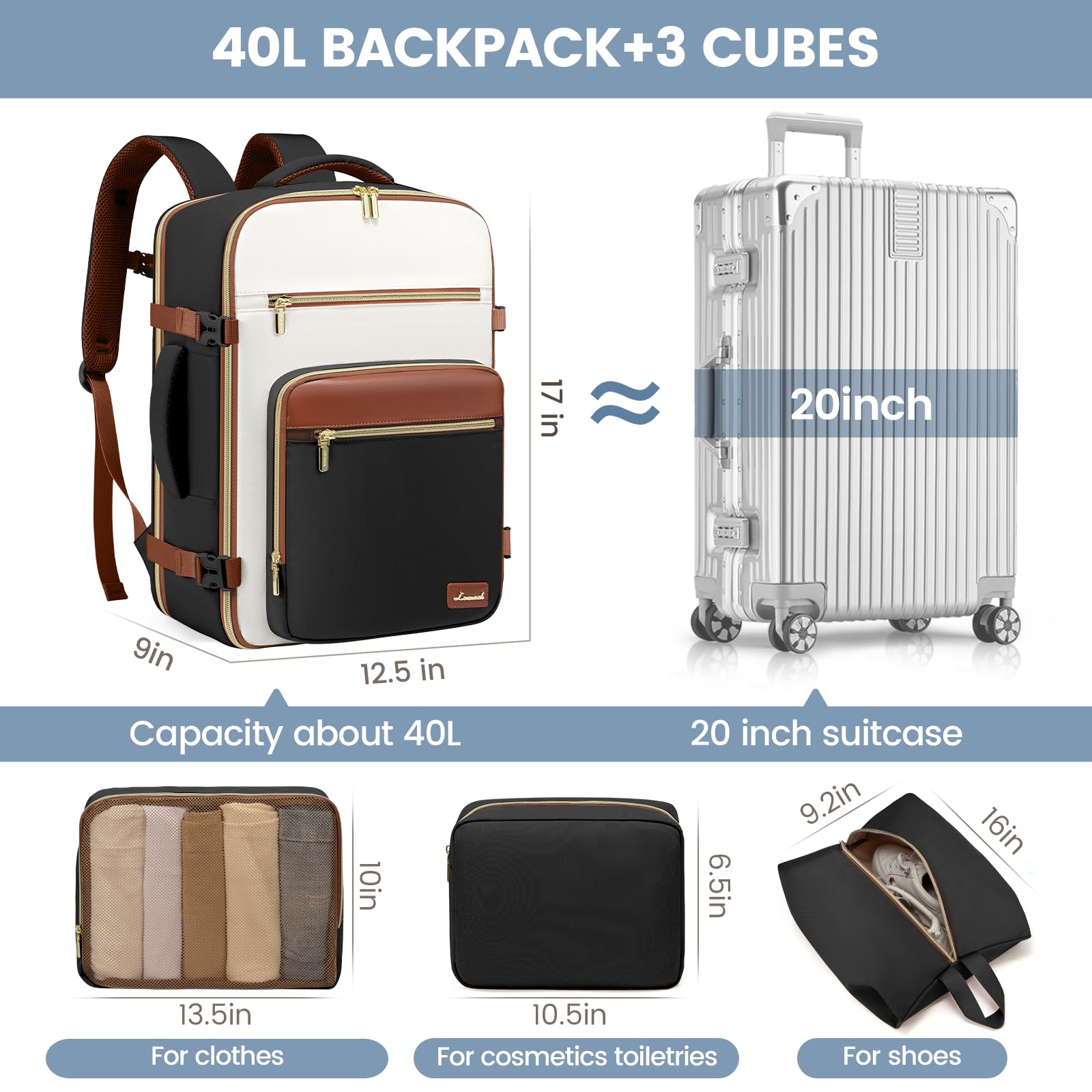 Foto 5 | Mochila De Viaje Lovevook De 40 Litros Para Mujer Con Compartimento Para Portátil De 17 Pulgadas - Venta Internacional.