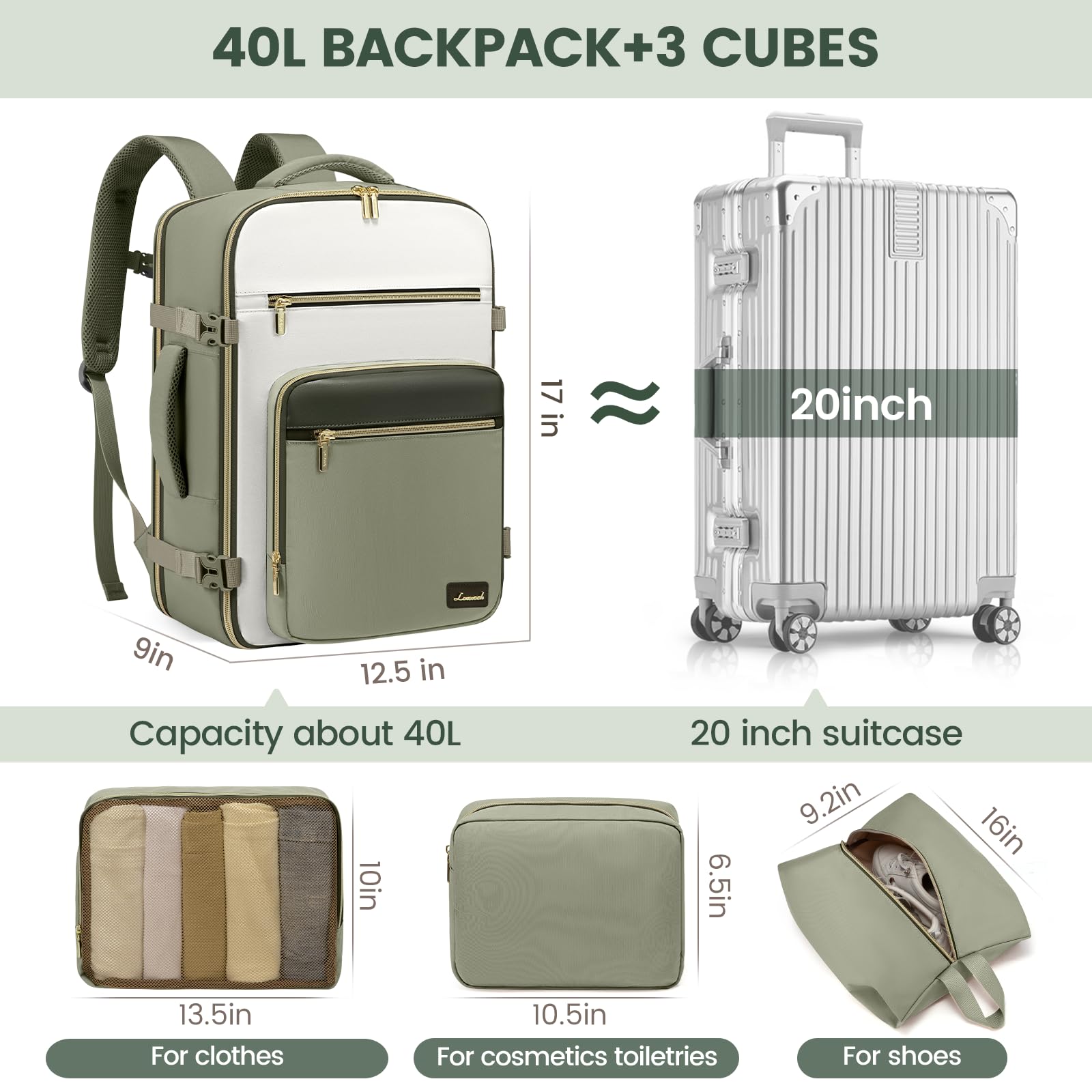 Foto 4 | Mochila De Viaje Lovevook De 40 Litros Para Mujer Con Compartimento Para Portátil De 17 Pulgadas - Venta Internacional.