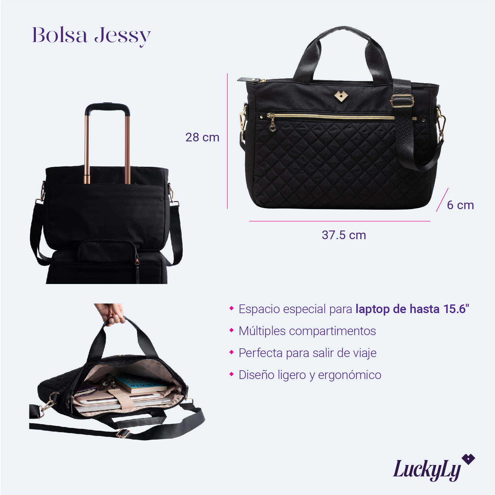 Foto 8 pulgar | Bolsa Tote para Laptop LuckyLy Jessy color Negro hasta 15.6 Pulgadas de Mujer