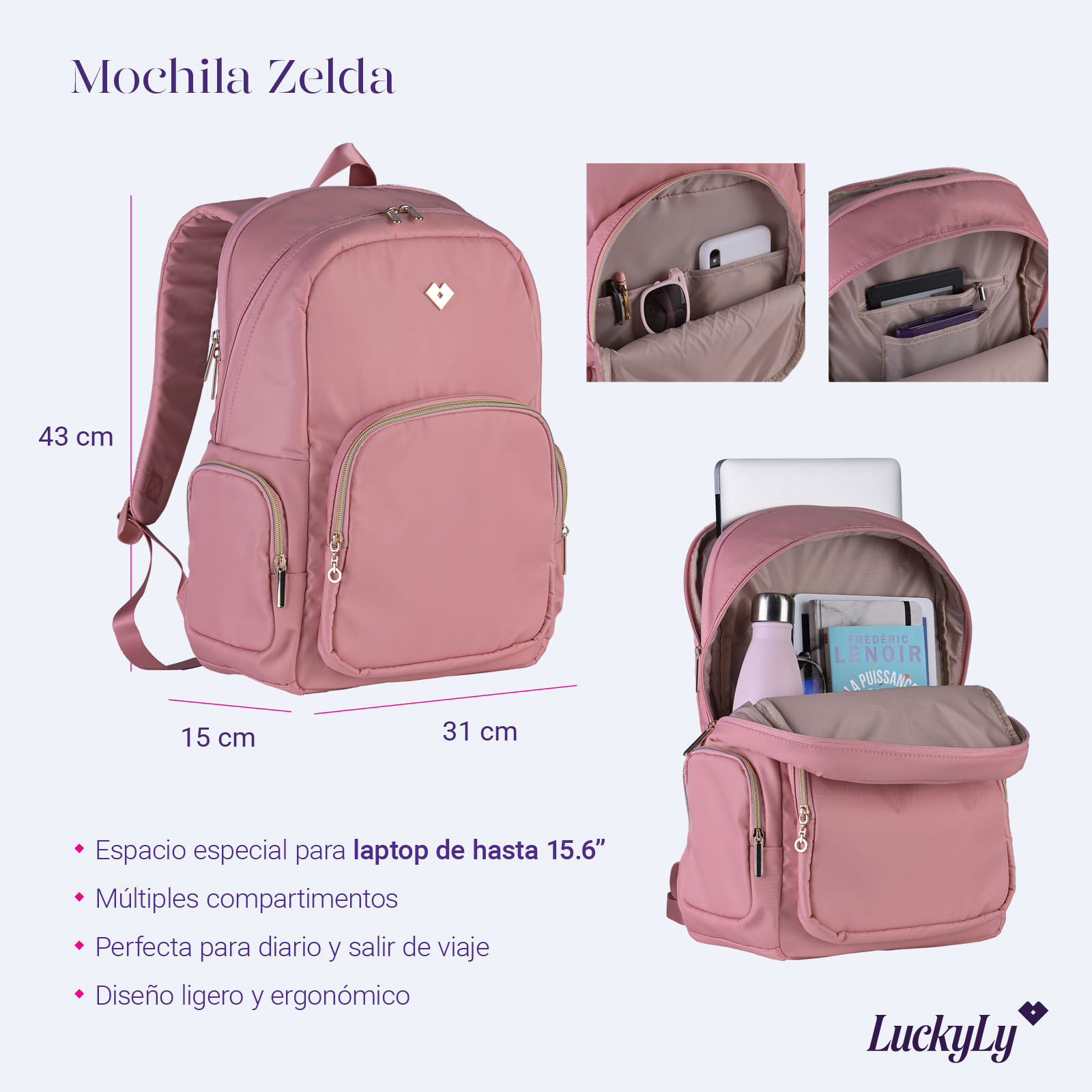 Foto 7 pulgar | Mochila para Laptop Hasta 15.6" Luckyly color Rosa