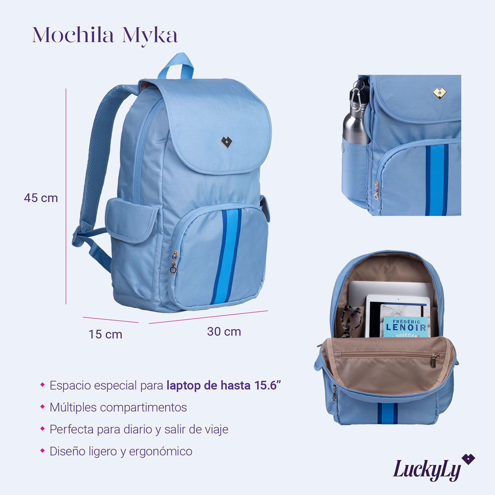 Foto 7 pulgar | Mochila Luckyly para Laptop 15.6" color Azul