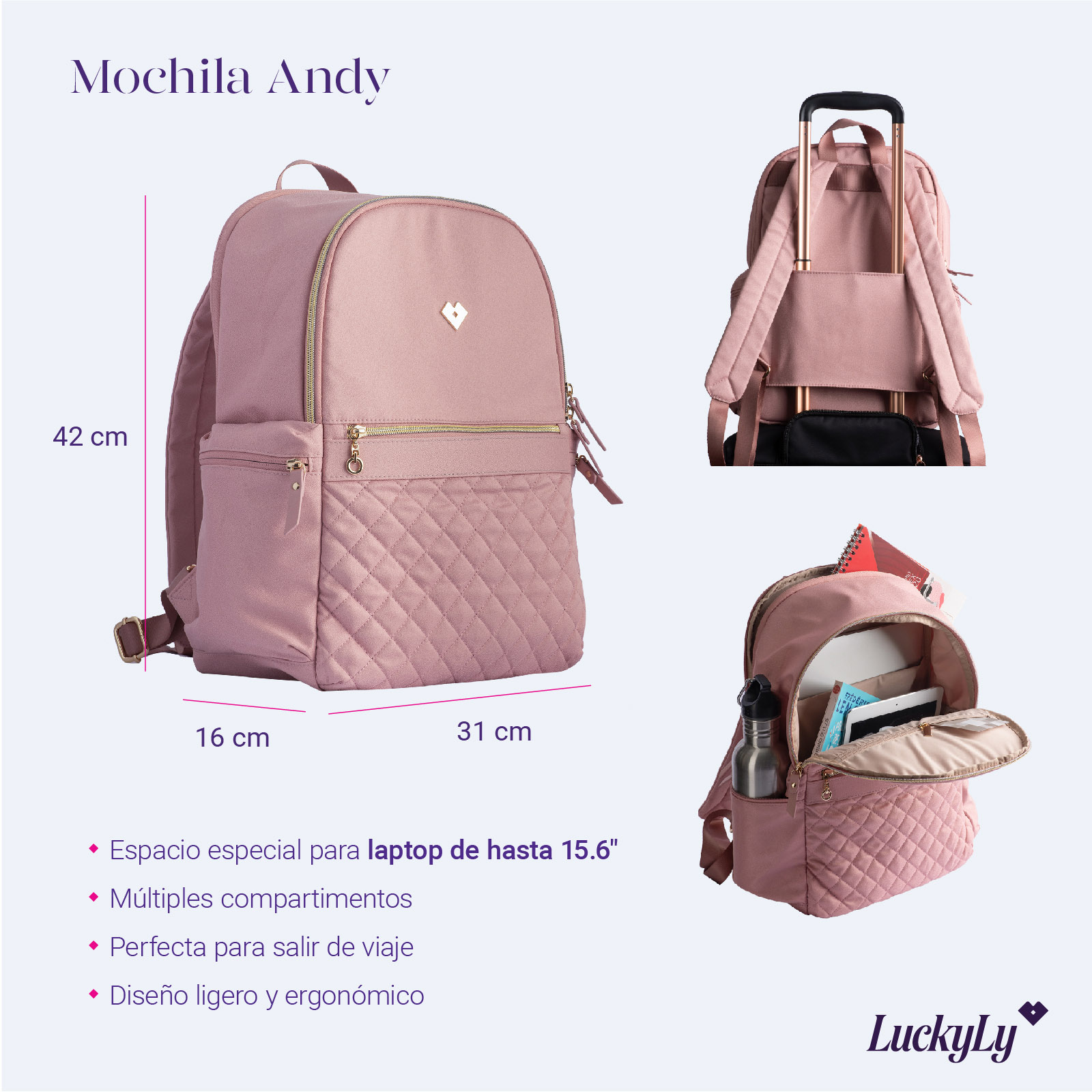 Foto 7 pulgar | Mochila para Laptop LuckyLy Andy color Rosa hasta 15.6 Pulgadas para Mujer