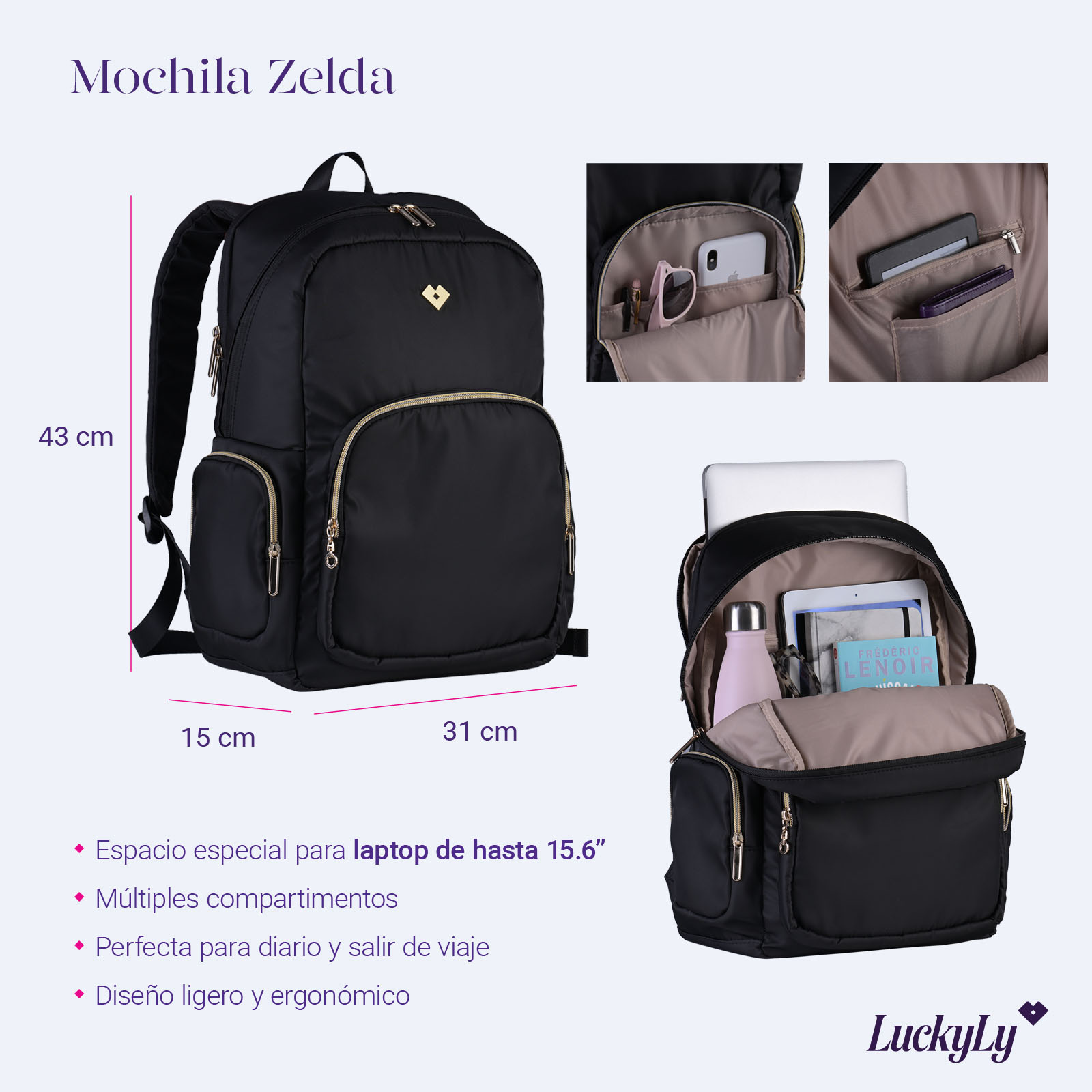 Foto 7 pulgar | Mochila para Laptop Hasta 15.6" Luckyly color Negro