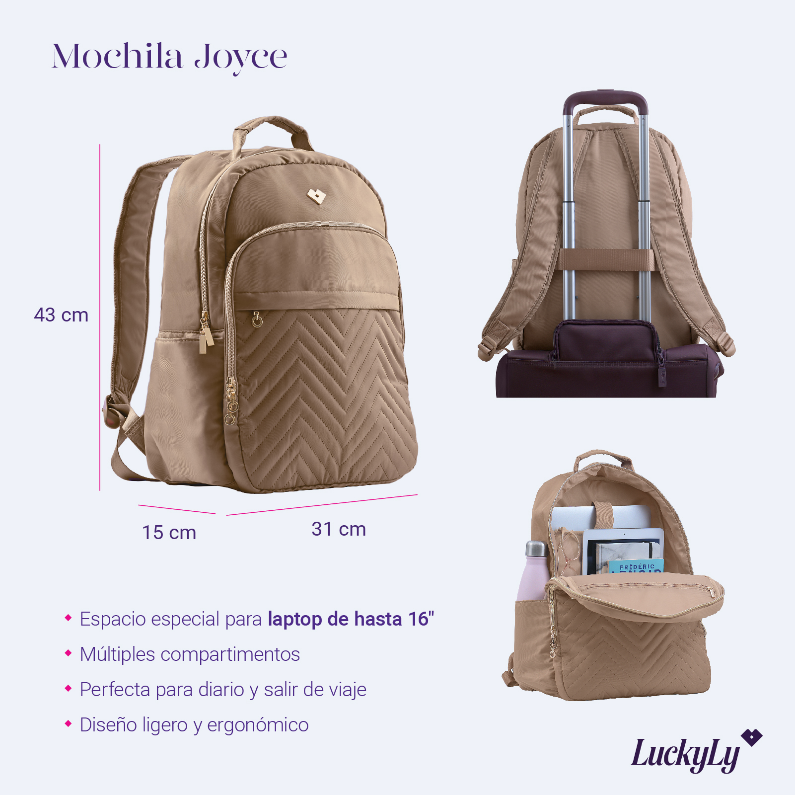 Foto 7 pulgar | Mochila para Laptop Hasta 16 Pulgadas Luckyly Joyce Beige