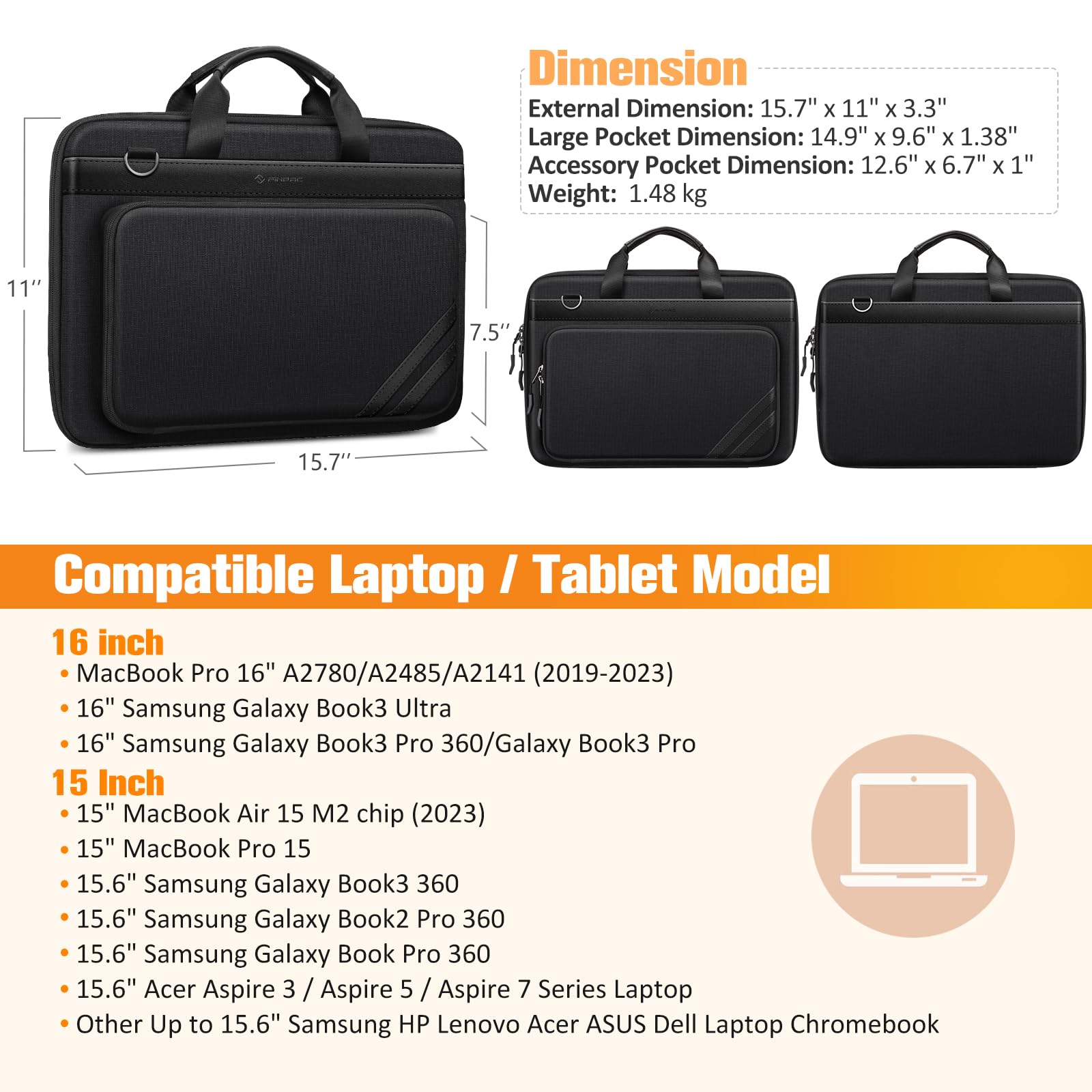 Foto 2 | Funda Para Portátil Finpac De 15,6 Pulgadas Con Bolsillo Para Tableta, Negra - Venta Internacional.