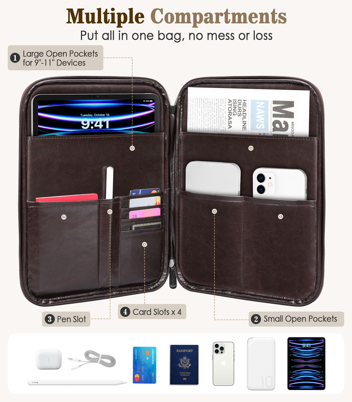 Foto 3 | Funda Para Tableta Moko De 9 A 11 Pulgadas, Compatible Con Ipad 10.9, Marrón Oscuro - Venta Internacional.