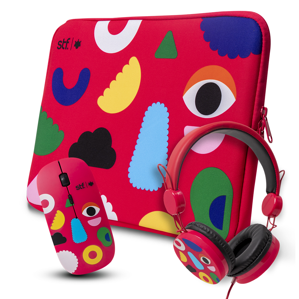 Combo 3 en 1 Funda Laptop 14inc con Audífono Alámbrico On Ear y Mouse Inalámbrico STF Mobile color Rojo