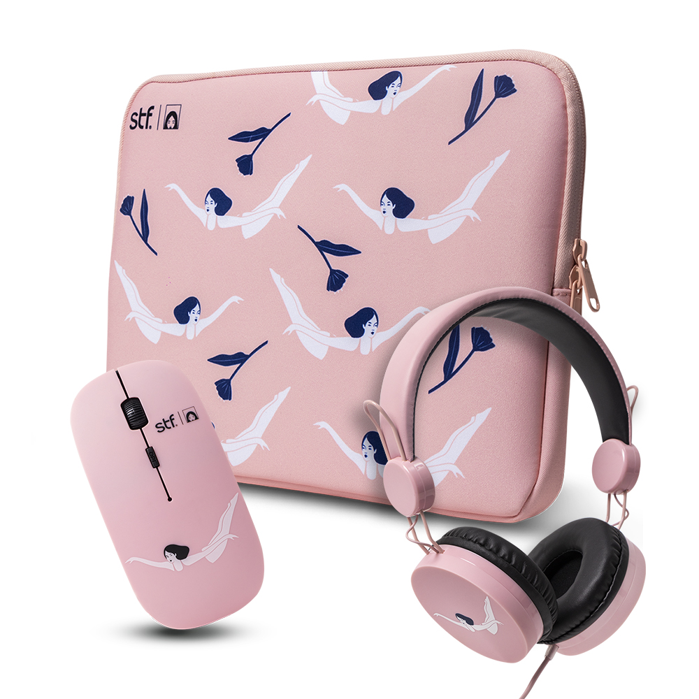 Combo 3 en 1 Funda Laptop 14inc con Audífono Alámbrico On Ear y Mouse Inalámbrico STF Mobile color Rosa