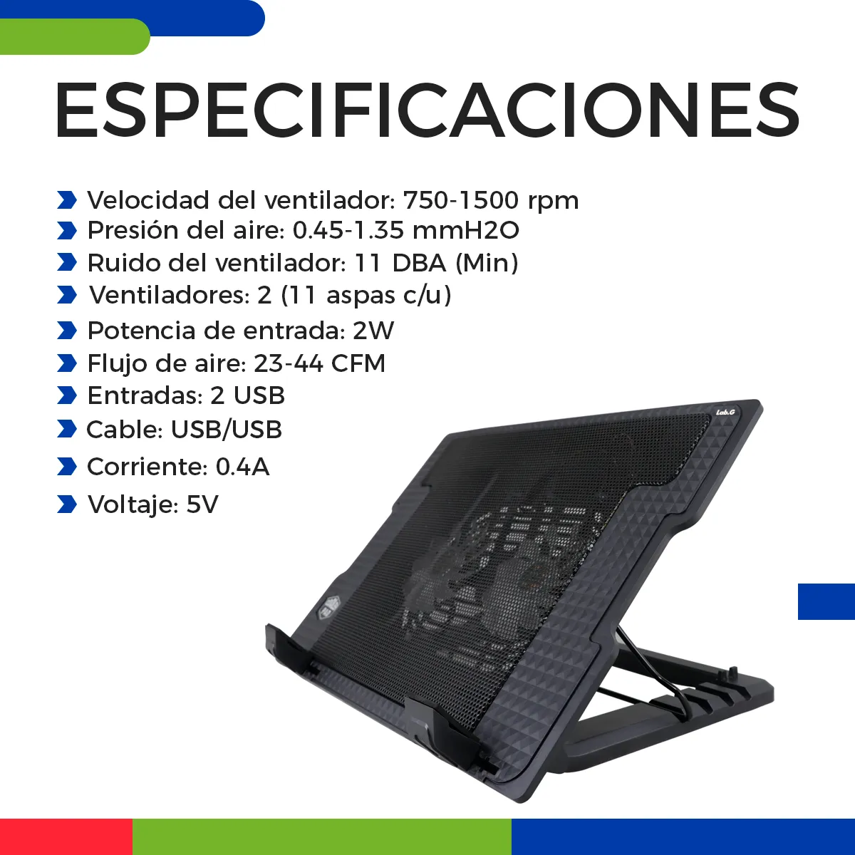Foto 5 | Base Enfriadora 2 Ventiladores 3 Posiciones Laptop Lab.g Negro