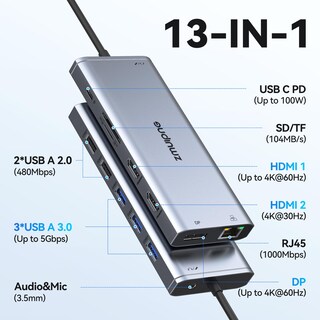 Foto 2 | Estación de Acoplamiento USB-C para Ordenador Portátil con Doble Monitor HDMI 13 en 1 - Venta Internacional