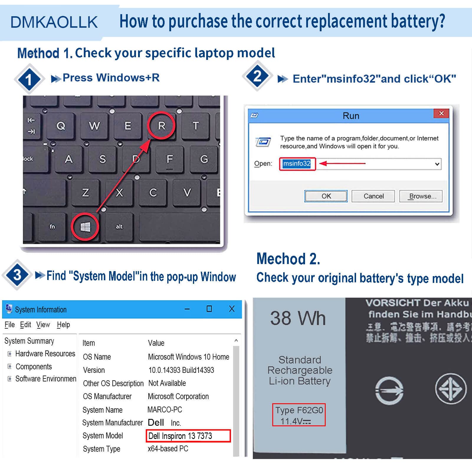 Foto 7 pulgar | Batería Dmkaollk 38 Wh F62g0 11,4 V para Dell Inspiron 13 7000 - Venta Internacional