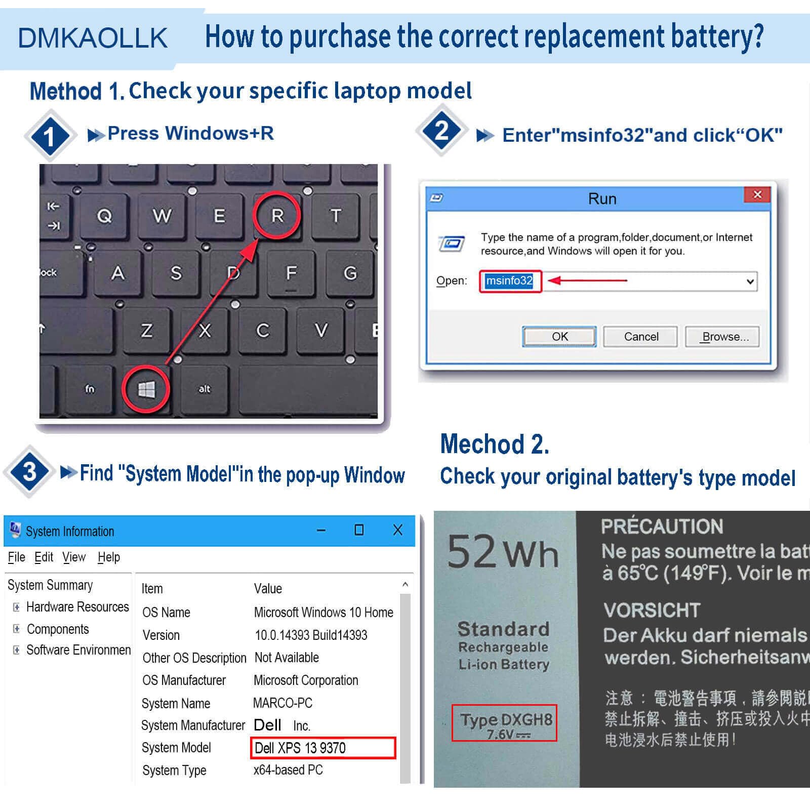Foto 6 | Batería Dmkaollk Dxgh8 De 52 Wh Y 7,6 V Para Dell Xps 13 9370 9380 - Venta Internacional.