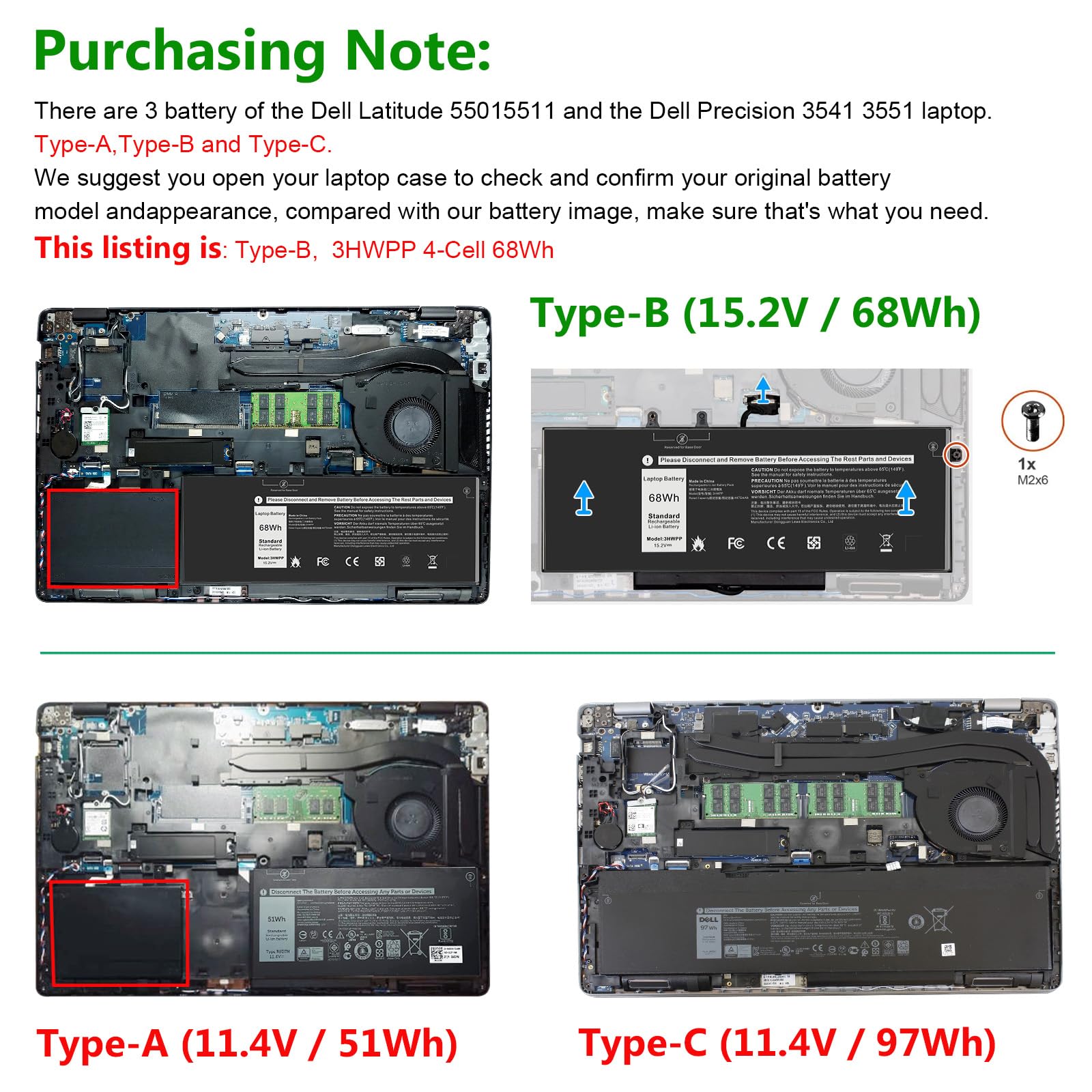 Foto 3 | Batería De Repuesto Para Portátil Tree.nb 3hwpp 68wh 15.2v Negra - Venta Internacional.