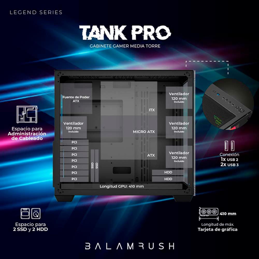 Foto 4 pulgar | Gabinete Gamer Balam Rush Tank Pro Gm930 Media Torre 4 Fan Cristal Templado Negro Br-935944