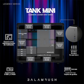 Foto 3 | Gabinete Gamer Balam Rush Tank Mini Gi930 M-ATX Mini Torre 3 Fan Cristal Templado BR-936033 color Negro
