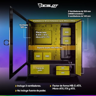 Foto 6 | Gabinete Ocelot Gaming Hunter-2, E-atx, Cristal Templado, Incluye 3 Ventiladores, Sin Fuente, Negro