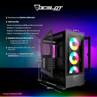 Foto 8 | Gabinete Ocelot Gaming Hunter-2, E-atx, Cristal Templado, Incluye 3 Ventiladores, Sin Fuente, Negro