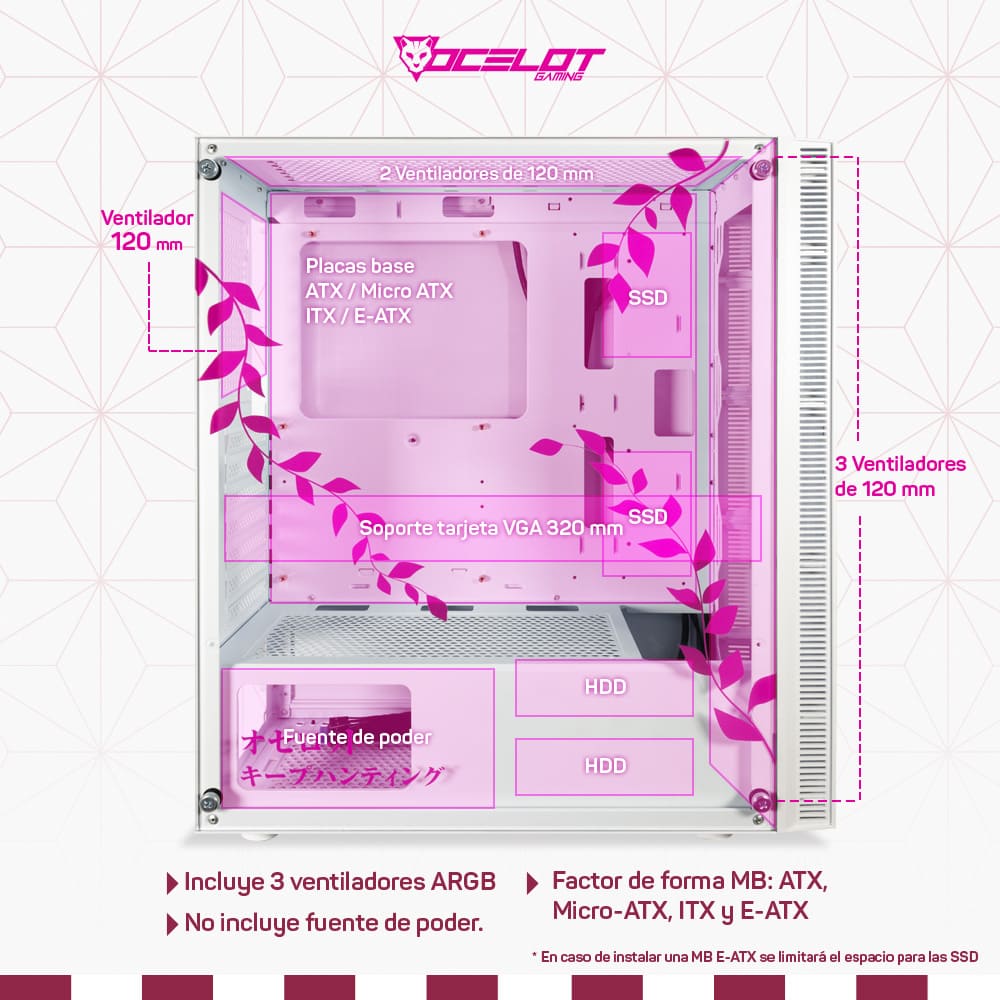 Foto 8 pulgar | Gabinete Ocelot Gaming Oc-demon Hanami, E-atx, Cristal Templado, Incluye 3 Ventiladores Argb, Sin Fuente, Blanco