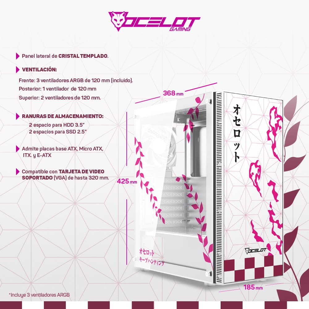 Foto 9 pulgar | Gabinete Ocelot Gaming Oc-demon Hanami, E-atx, Cristal Templado, Incluye 3 Ventiladores Argb, Sin Fuente, Blanco