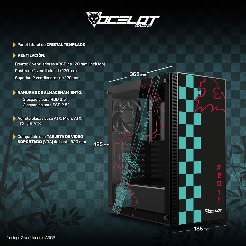 Gabinete Ocelot Gaming Oc-Black Katana, E-Atx, Cristal Templado ...