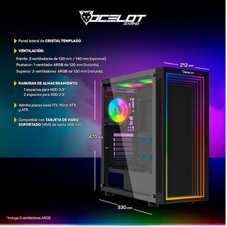 Foto 7 | Gabinete Ocelot Gaming Portal-m4, Atx, Cristal Templado, Incluye 3 Ventiladores, Sin Fuente, Negro