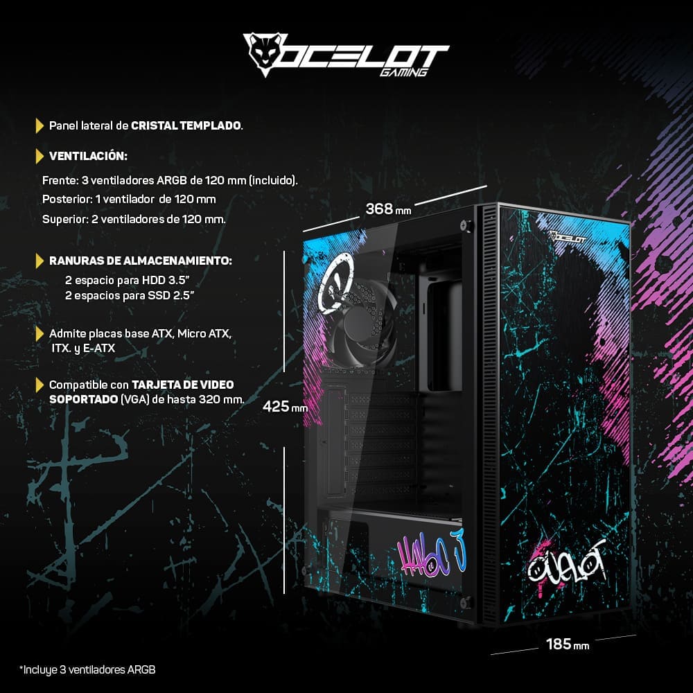 Foto 8 | Gabinete Gamer Oc-havoc 3 E-atx 3 Fan Argb Cristal Templado Cyberpunk Urbano Negro