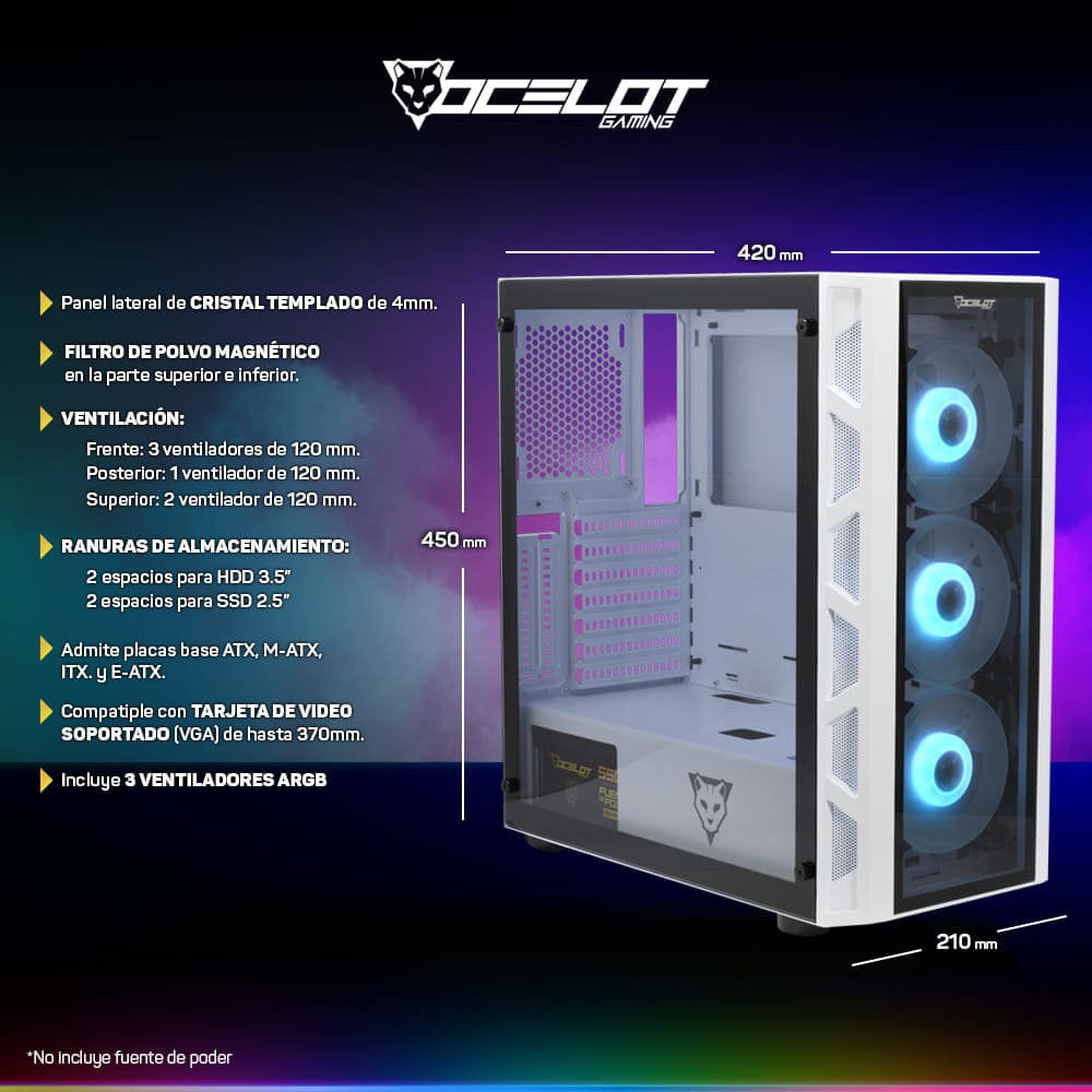 Foto 4 pulgar | Gabinete Ocelot Gaming Og-c White Blixard E-atx, Cristal Templado, Sin Fuente, Blanco