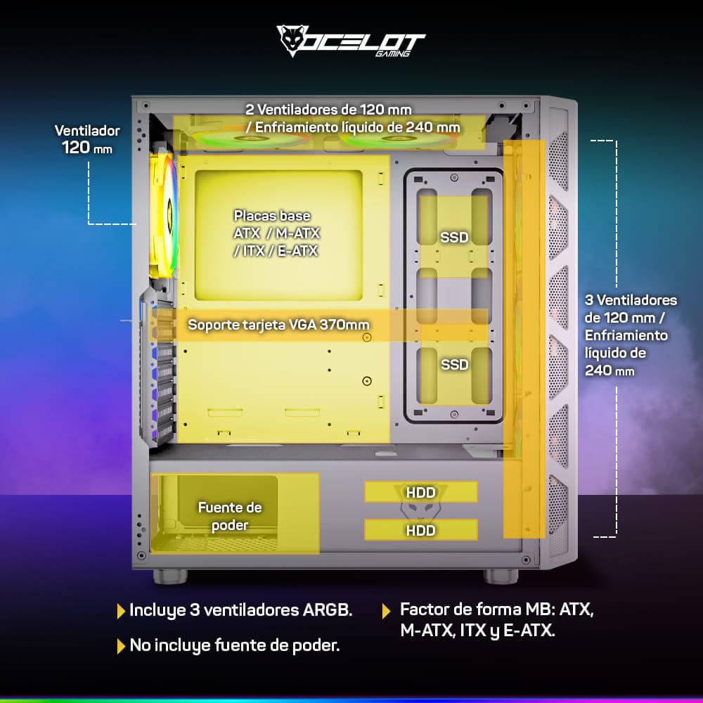 Foto 5 pulgar | Gabinete Ocelot Gaming Og-c White Blixard E-atx, Cristal Templado, Sin Fuente, Blanco