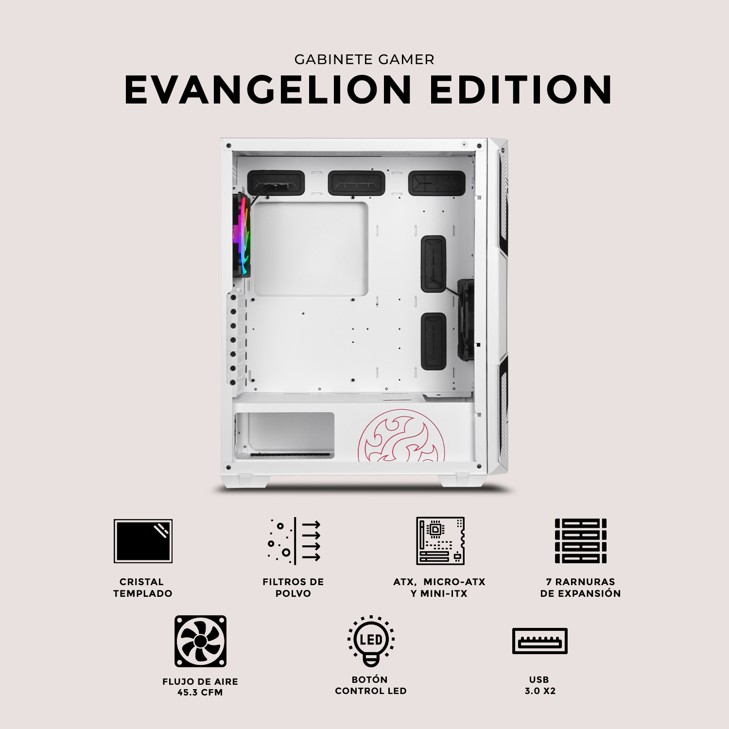Foto 5 | Gabinete Gamer Xtreme Pc Gaming Evangelion Edition Media Torre Atx/micro Atx/itx Fan 2x120mm Cristal Templado Argb Blan