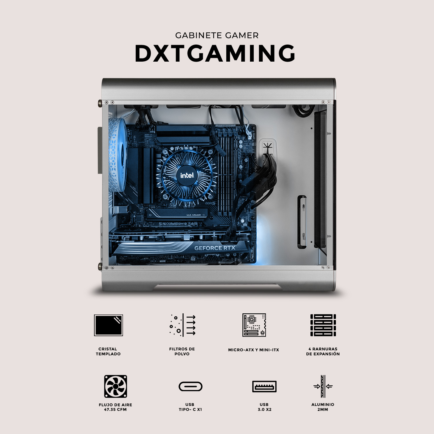 Foto 6 pulgar | Gabinete Gamer Dxt Gaming Titan T6 Micro Torre Micro Atx 1 Fan Usb-c Cristal Templado Argb Metalico