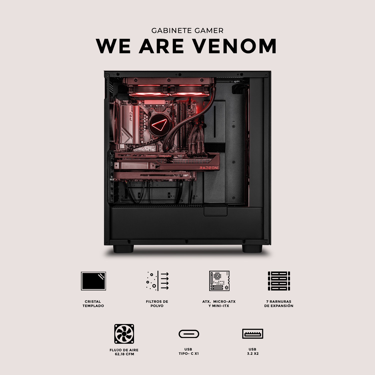 Foto 6 pulgar | Gabinete Gamer XTREME PC GAMING We Are Venom Edition Media Torre ATX 2 Fan USB-C Cristal Templado Negro