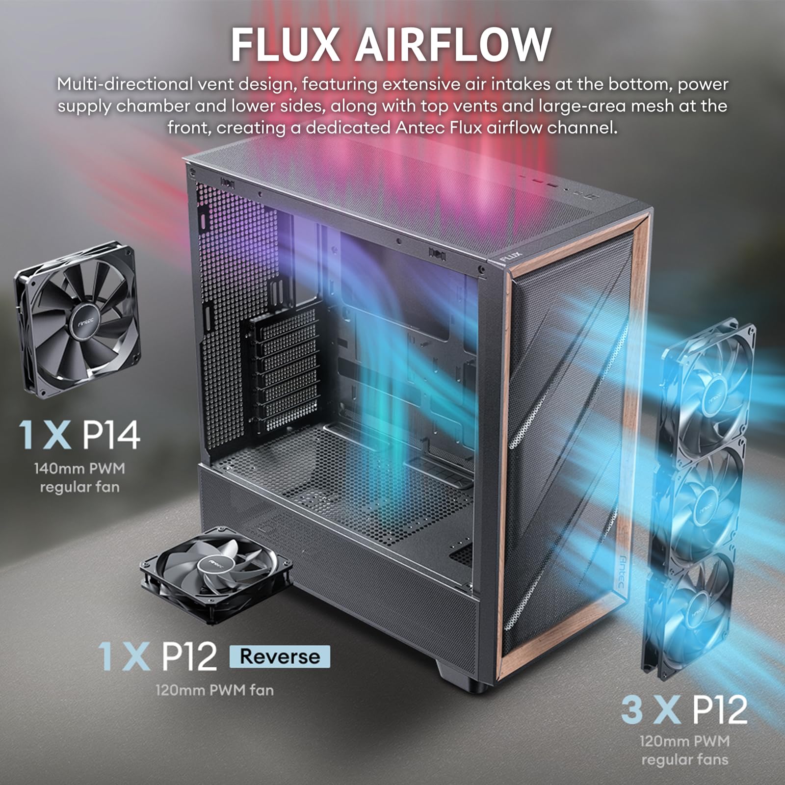 Foto 4 pulgar | Estuche Para Pc Antec Flux Wood Mid-tower E-atx Con 5 Ventiladores Y Tipo C - Venta Internacional.