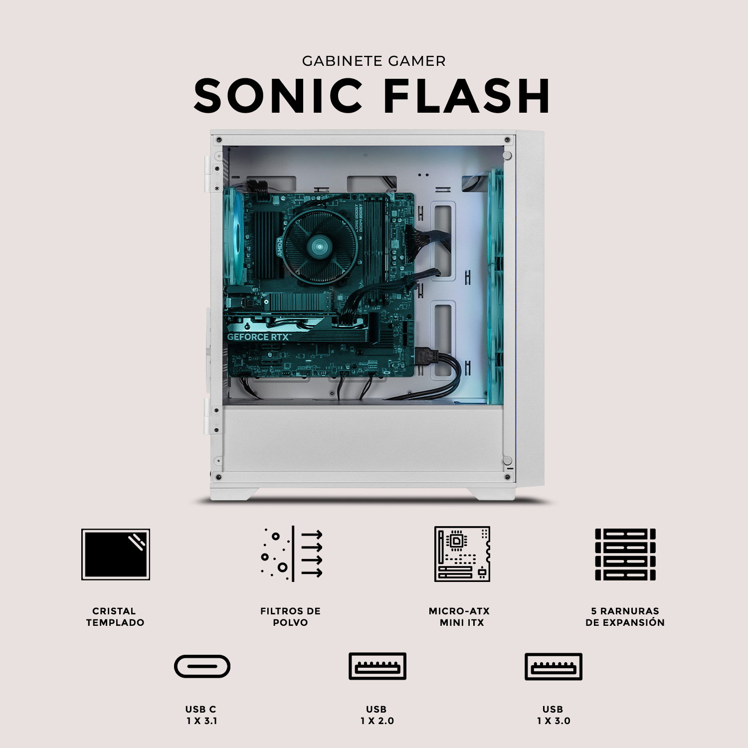 Foto 6 pulgar | Gabinete Gamer Xtreme PC Gaming Sonic Micro Torre Micro ATX 4 Fan USB-C Cristal Templado Frente Intercambiable ARGB