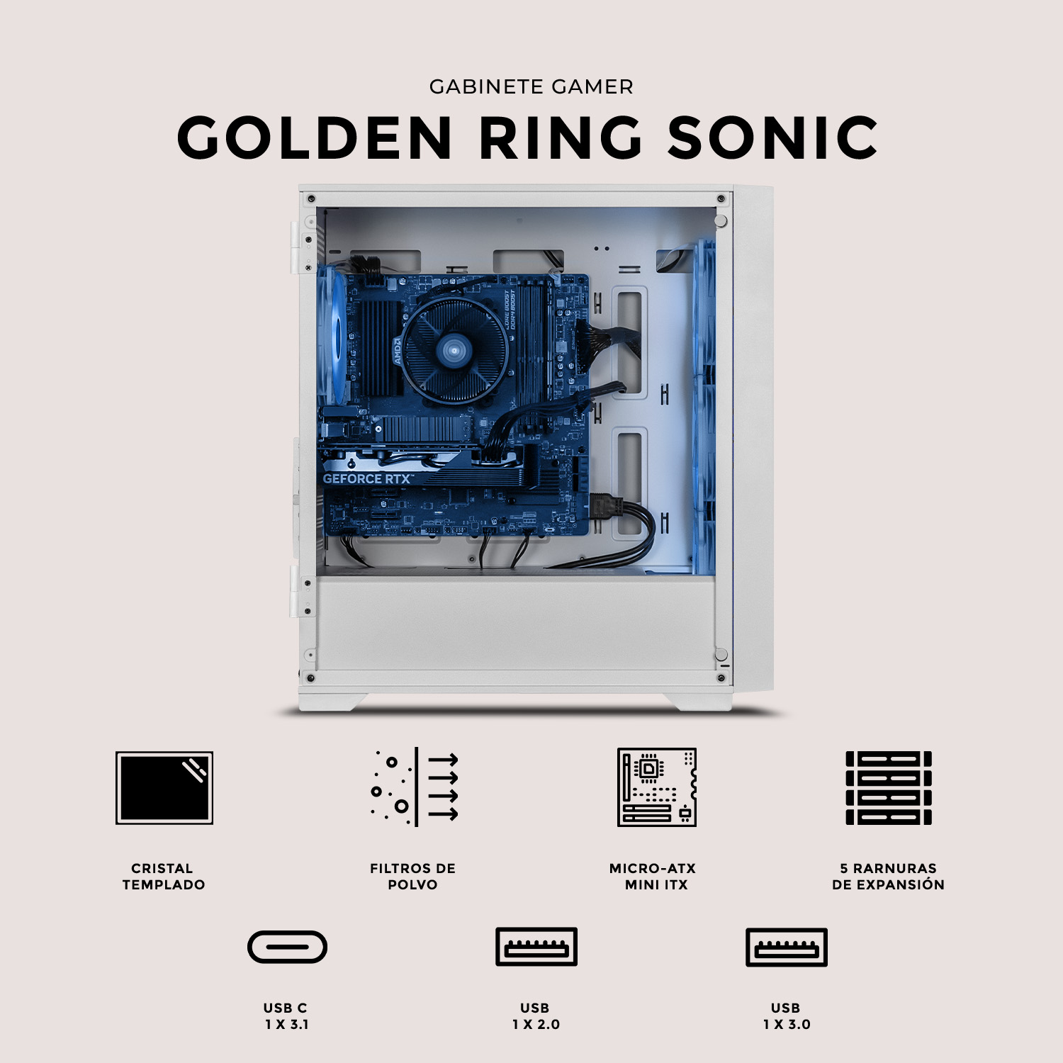 Foto 7 pulgar | Gabinete Gamer Xtreme Pc Gaming Ring Sonic Micro Torre Micro ATX 4 Fan USB-C Cristal Templado Frente Intercambiable ARGB