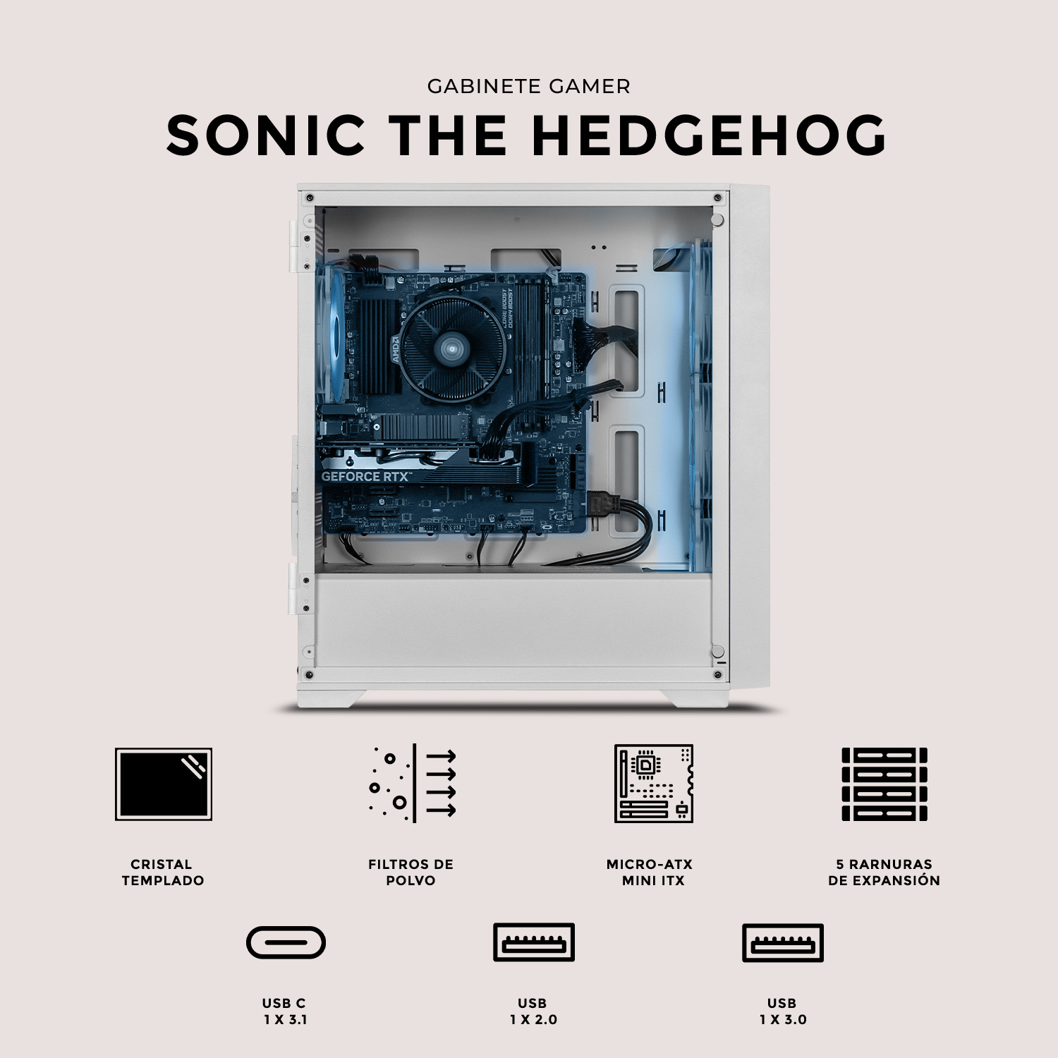 Foto 7 pulgar | Gabinete Gamer Xtreme Pc Gaming Sonic Hedgehog Micro Atx 4 Fan Usb-c Cristal Templado Frente Intercambiable Argb