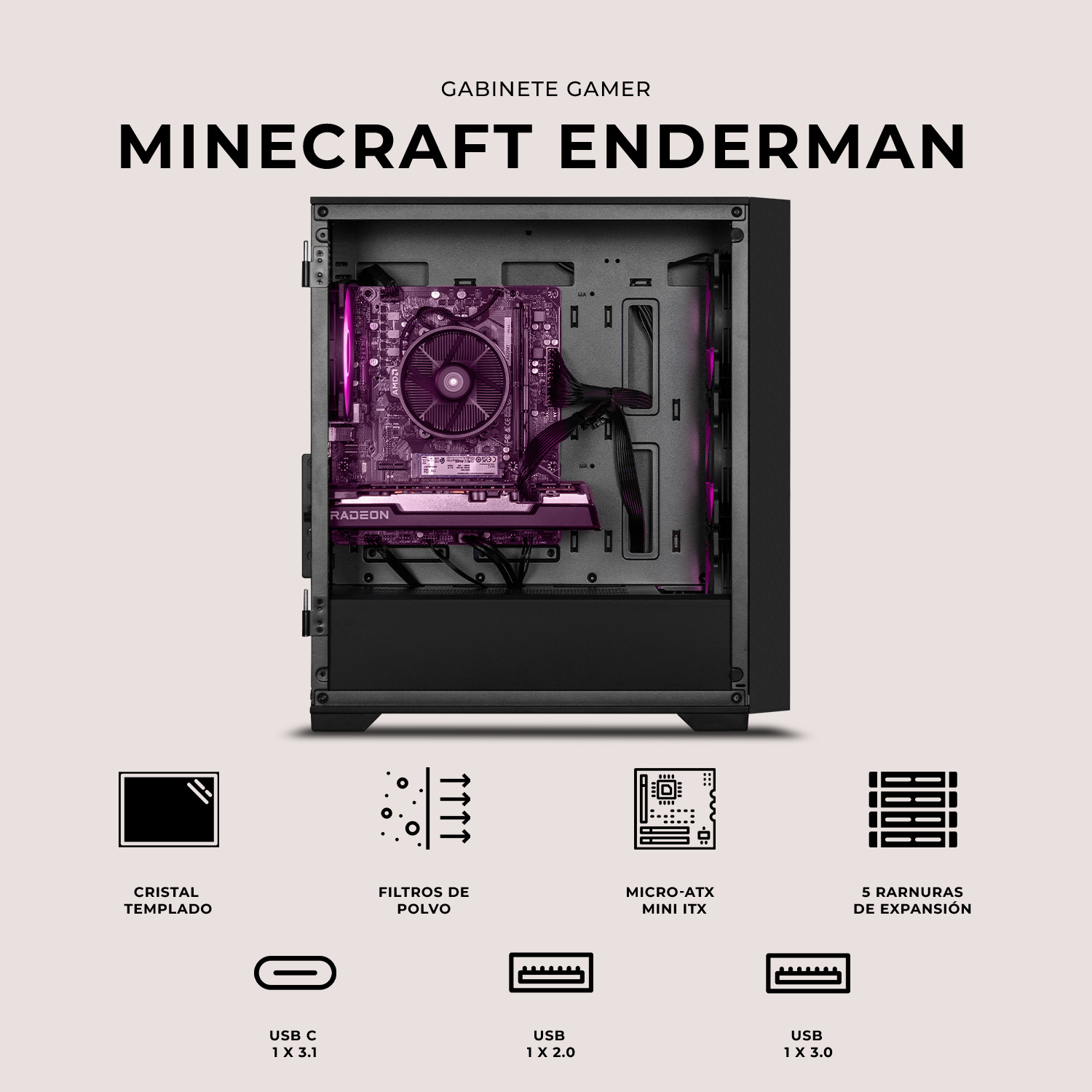 Foto 5 | Gabinete Gamer Xtreme Pc Gaming Minecraft Enderman Edition Micro Atx 4 Fan Usb-c Cristal Templado Frente Intercambia