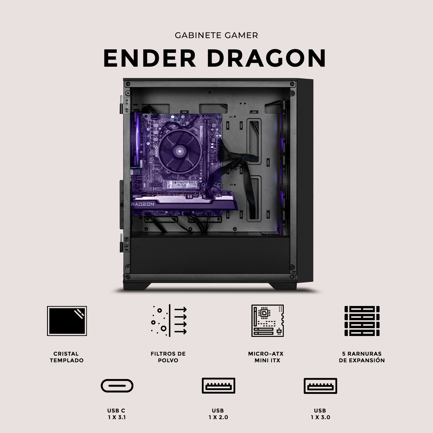 Foto 6 pulgar | Gabinete Gamer Xtreme Pc Gaming Minecraft Ender Dragon Micro Atx 4 Fan Usb-c Cristal Templado Frente Intercambiable Argb
