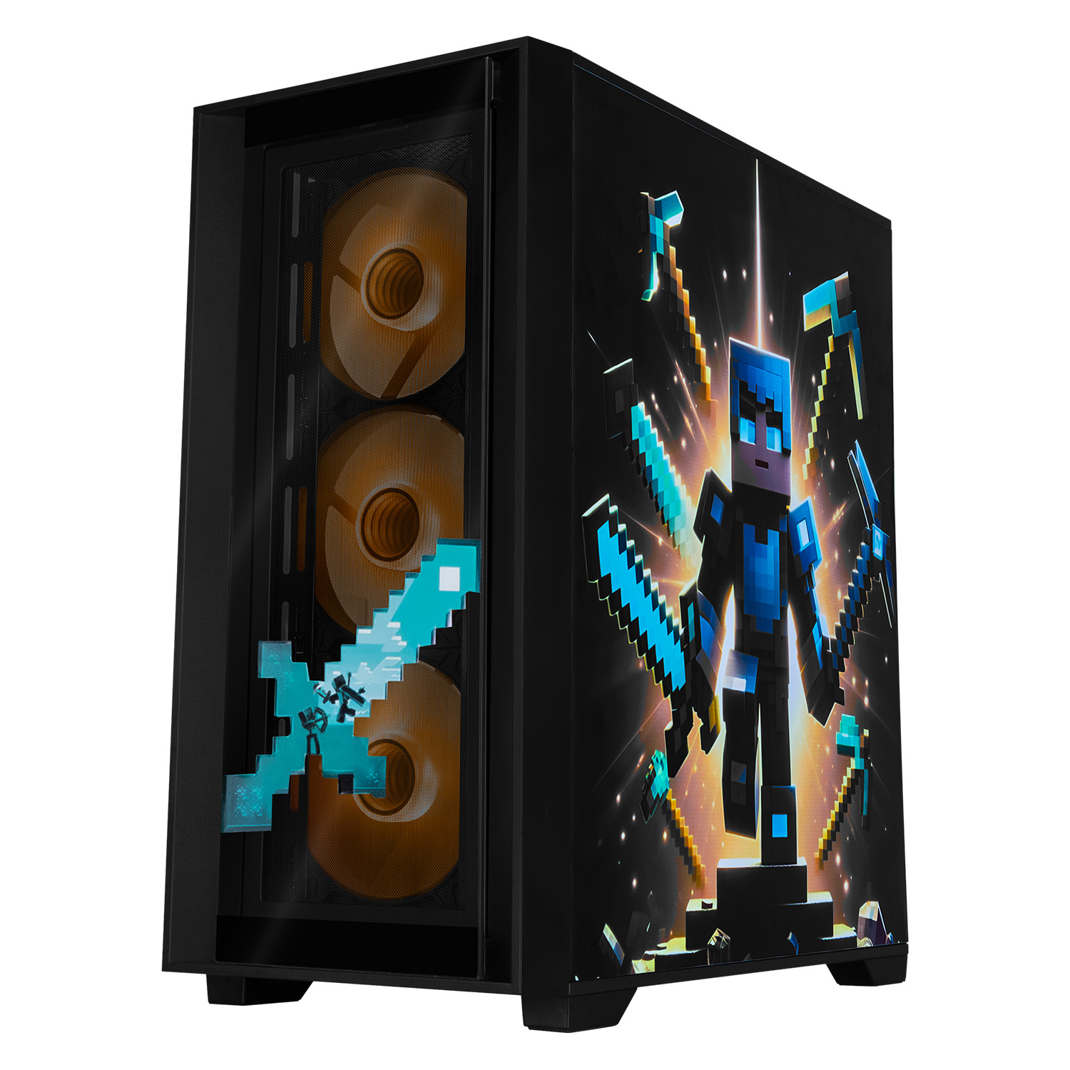 Foto 3 pulgar | Gabinete Gamer Xtreme Pc Gaming Minecraft Steve Micro Torre Micro Atx 4 Fan Usb-c Cristal Templado Frente Intercamb