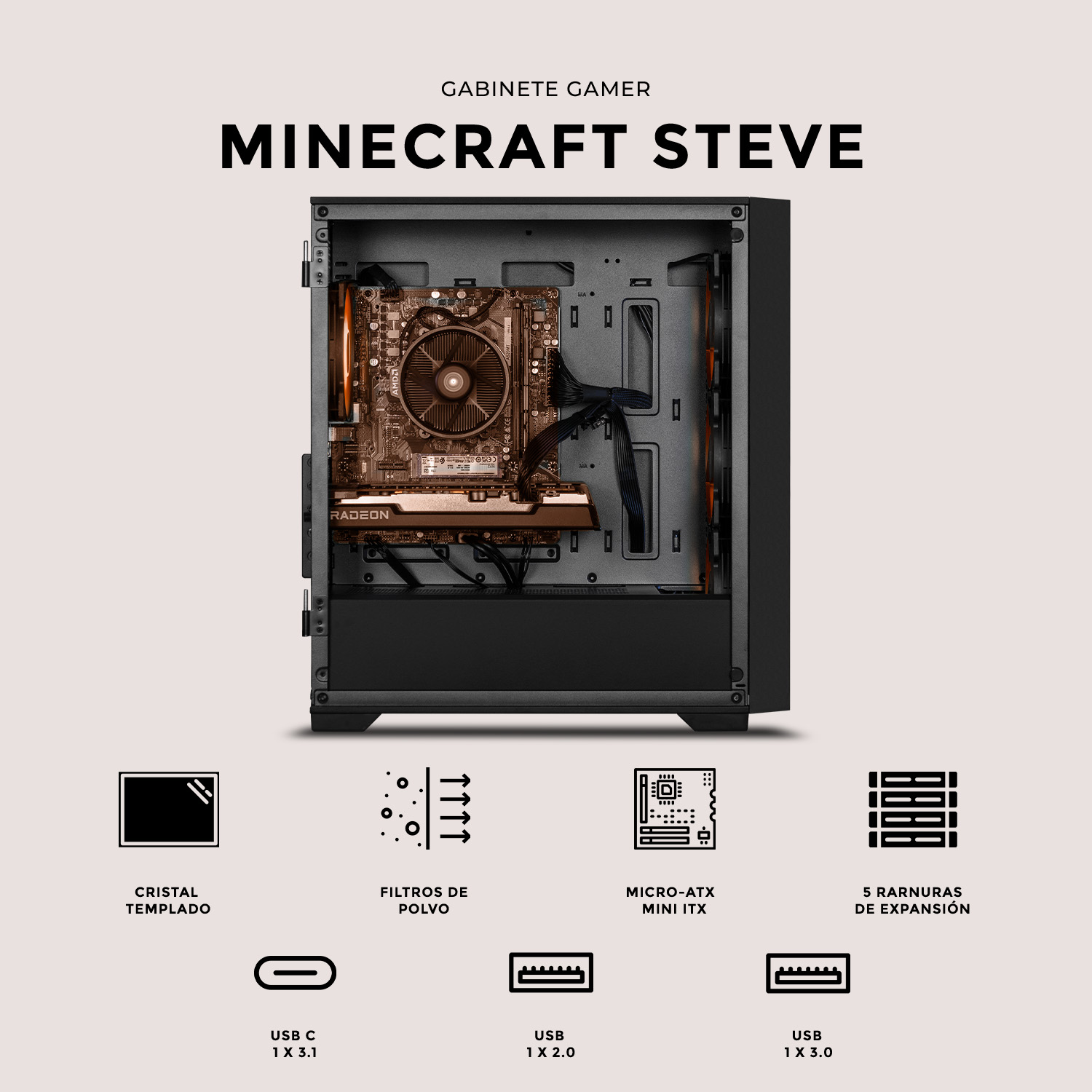 Foto 6 pulgar | Gabinete Gamer Xtreme Pc Gaming Minecraft Steve Micro Torre Micro Atx 4 Fan Usb-c Cristal Templado Frente Intercamb
