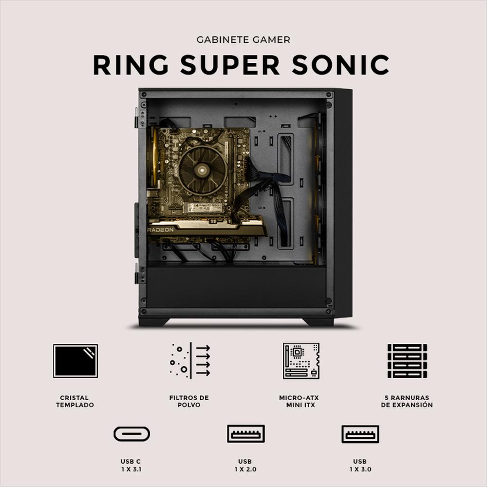 Foto 6 pulgar | Gabinete Gamer Xtreme Pc Gaming Ring Super Sonic Edition Micro Atx 4 Fan Argb Usb-c Cristal Templado Frente Intercambi