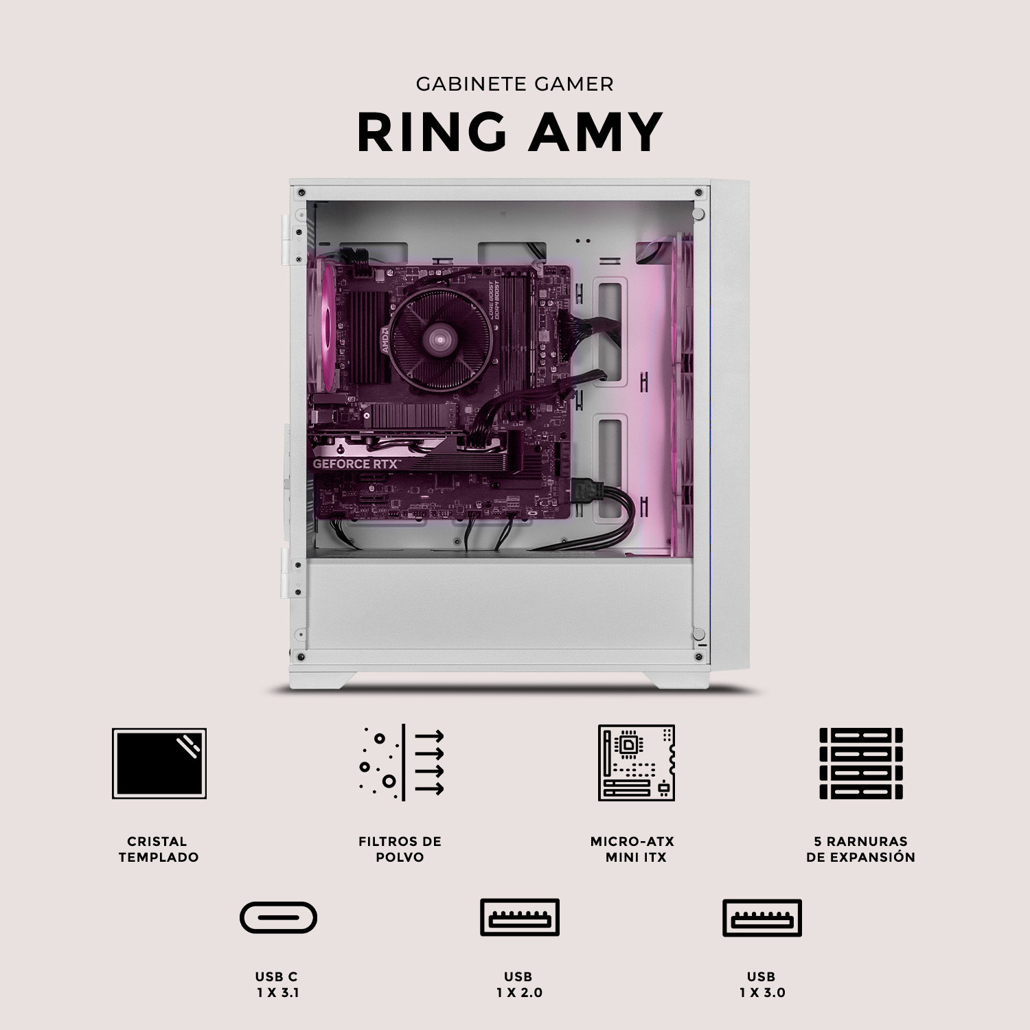 Foto 6 pulgar | Gabinete Gamer Xtreme Pc Gaming Ring Amy Edition Mini Torre Micro Atx 4 Fan Argb Usb-c Cristal Templado Frente Inte